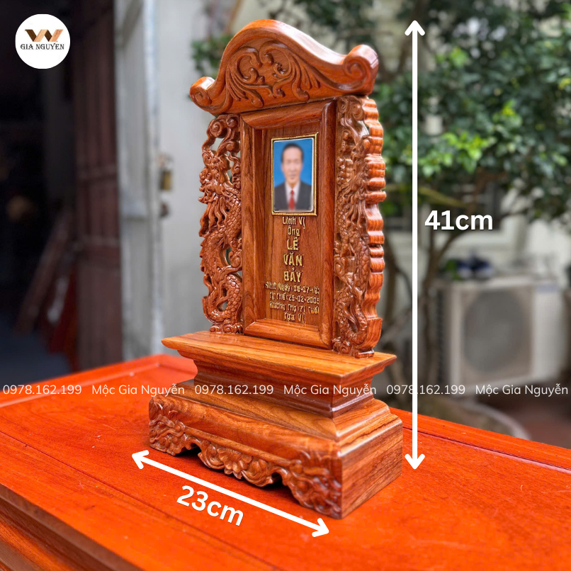 Bài Vị Song Long Gắn Ảnh Gỗ Hương Màu Trần 41x23cm BA50