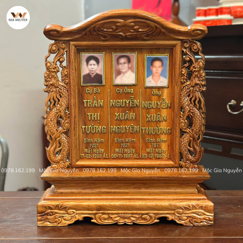 Bài Vị Thế Hệ Song Long Gắn Ảnh Men Đức 3 Người Gỗ Hương Lào 48x37x13cm BA53