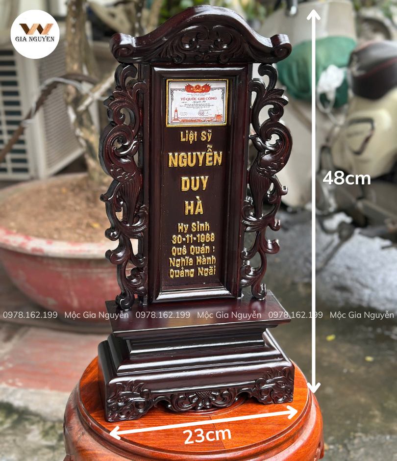 Bài Vị Liệt Sỹ Gỗ Hương Lào Màu Mận Chín 48x23cm