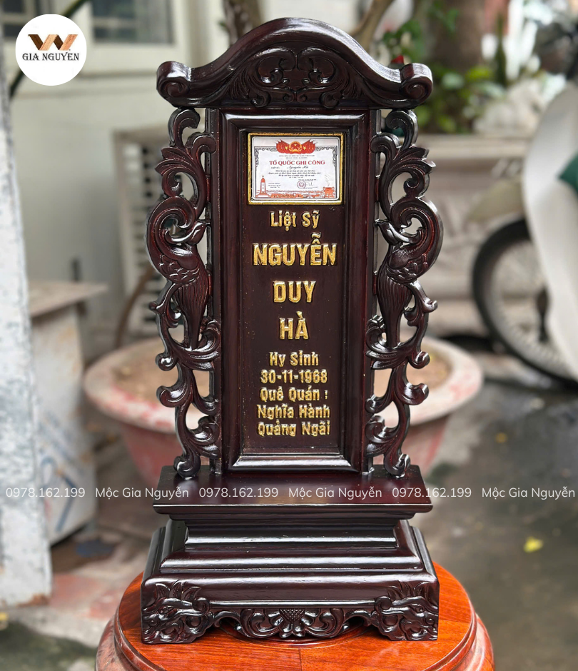 Bài Vị Liệt Sỹ Gỗ Hương Lào Màu Mận Chín 48x23cm BA52