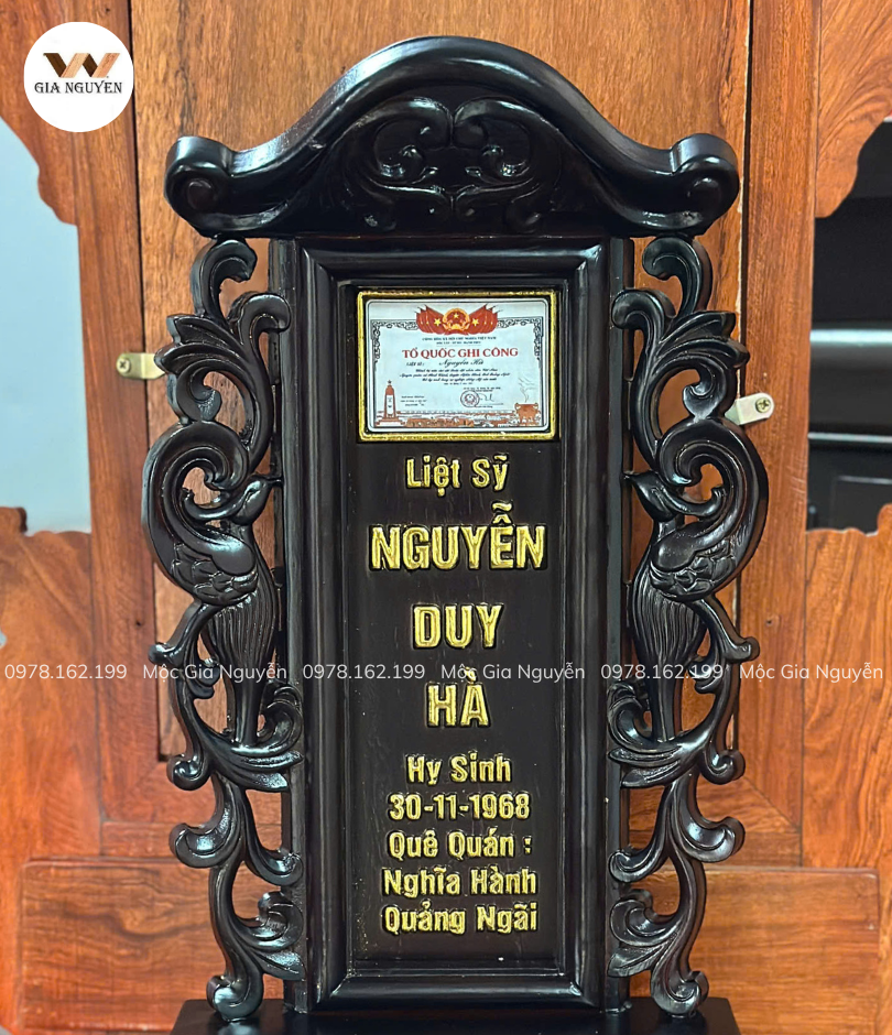Bài Vị Liệt Sỹ Gỗ Hương Lào Màu Mận Chín 48x23cm