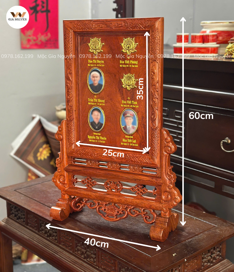 Bài Vị Thế Hệ Chữ Thọ Gỗ Hương Đá Gắn Ảnh Màu Cánh Gián 60x40cm BA48