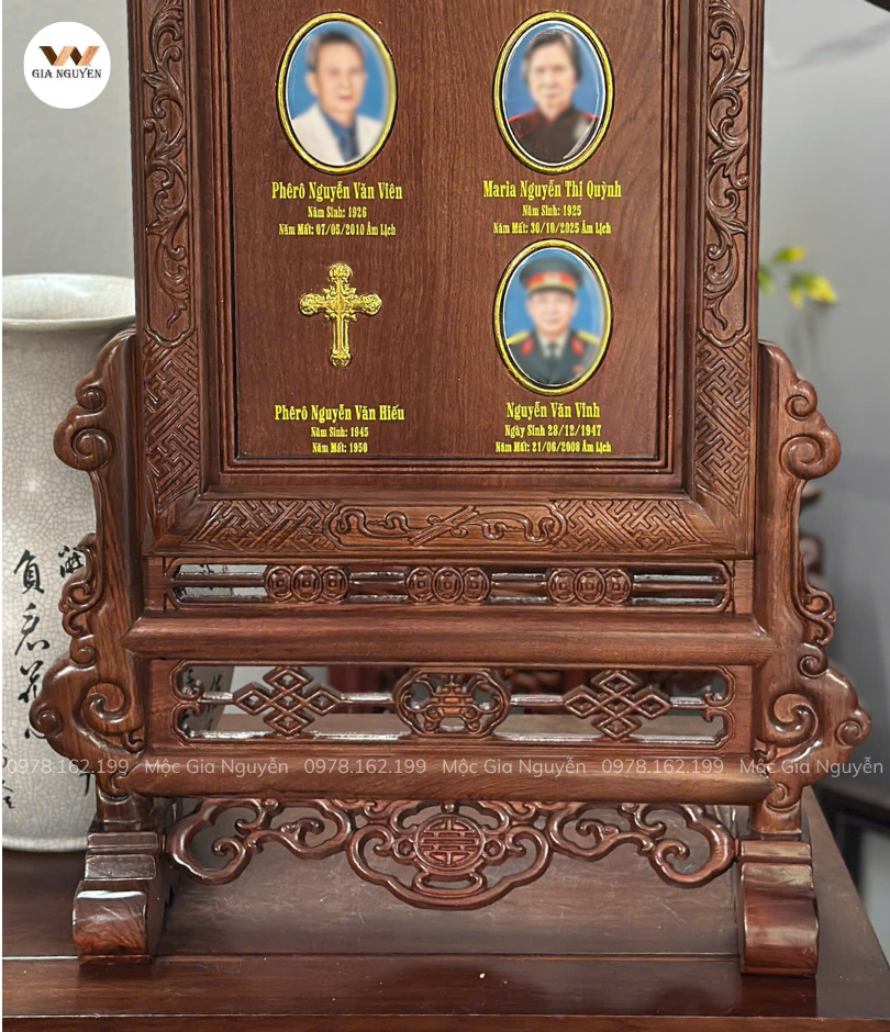 Bài Vị Thế Hệ Mẫu Chữ Thọ Gỗ Hương Đá Gắn Ảnh Gốm Sứ
