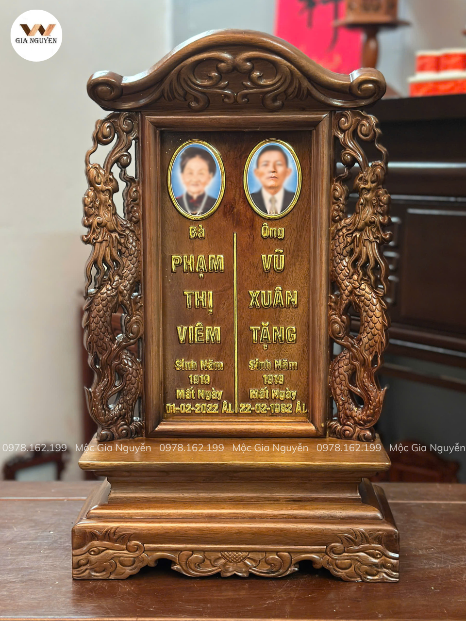 Bài Vị Song Long Gỗ Hương Gắn Ảnh Màu Óc Chó Cao 48cm BA38