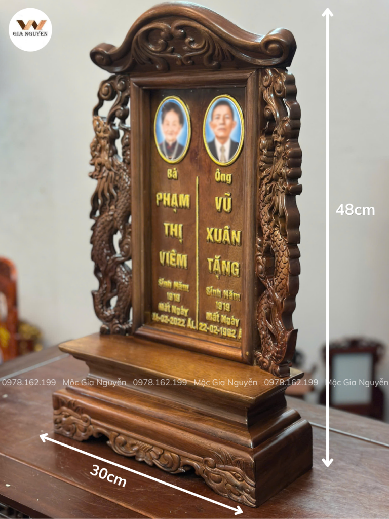 Bài Vị Song Long Gỗ Hương Gắn Ảnh Màu Óc Chó Cao 48cm