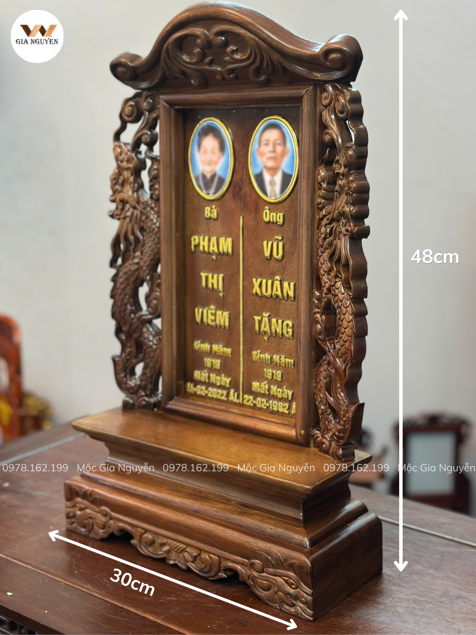 Bài Vị Song Long Gỗ Hương Gắn Ảnh Màu Óc Chó Cao 48cm BA38 - Ảnh 2