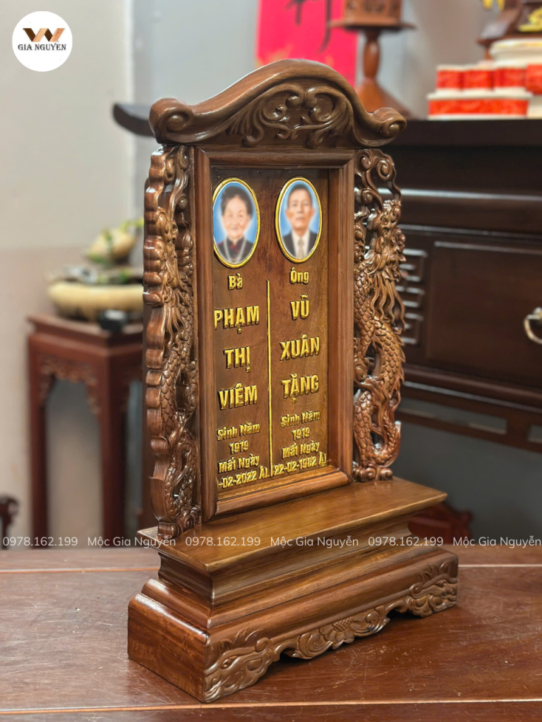 Bài Vị Song Long Gỗ Hương Gắn Ảnh Màu Óc Chó Cao 48cm