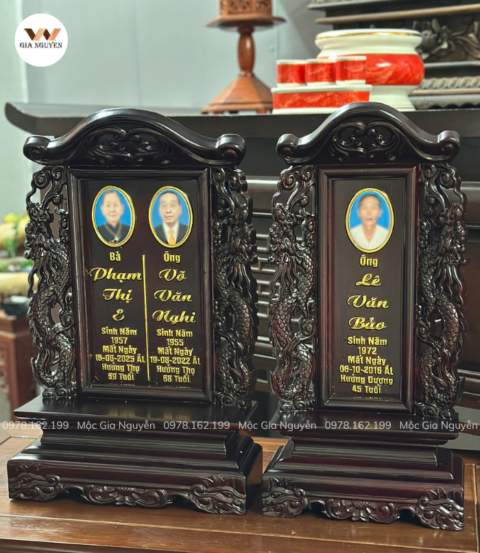 Bài Vị Song Long Gỗ Hương Chữ Hoa Màu Mận Chín Đậm 48x30cm BA44