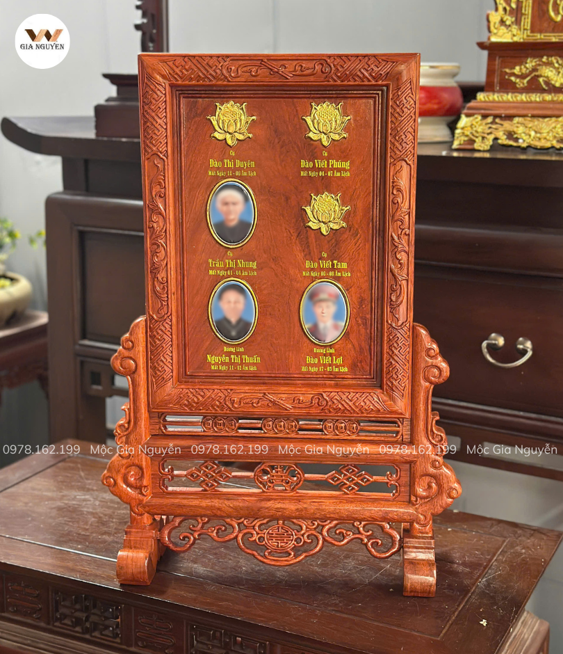 Bài Vị Thế Hệ Chữ Thọ Gỗ Hương Đá Gắn Ảnh Màu Cánh Gián 60x40cm BA48