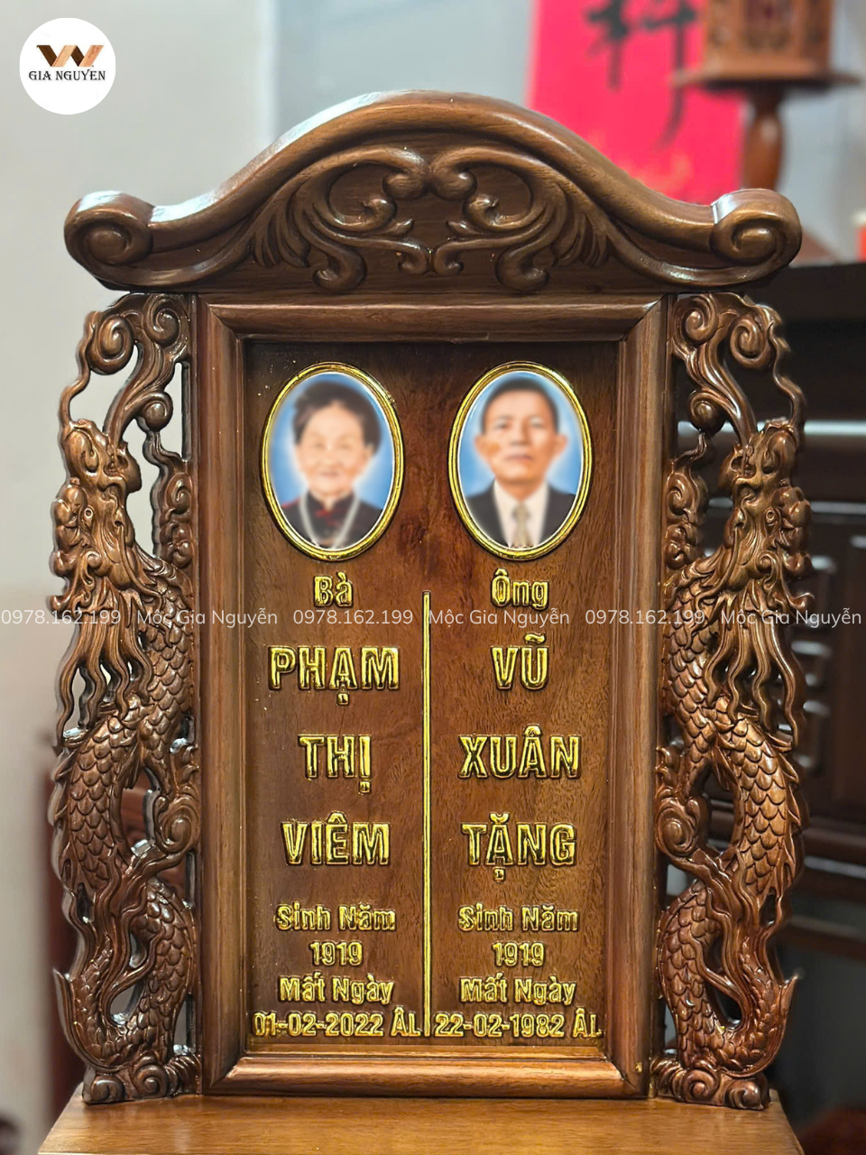 Bài Vị Song Long Gỗ Hương Gắn Ảnh Màu Óc Chó Cao 48cm BA38 - Ảnh 4