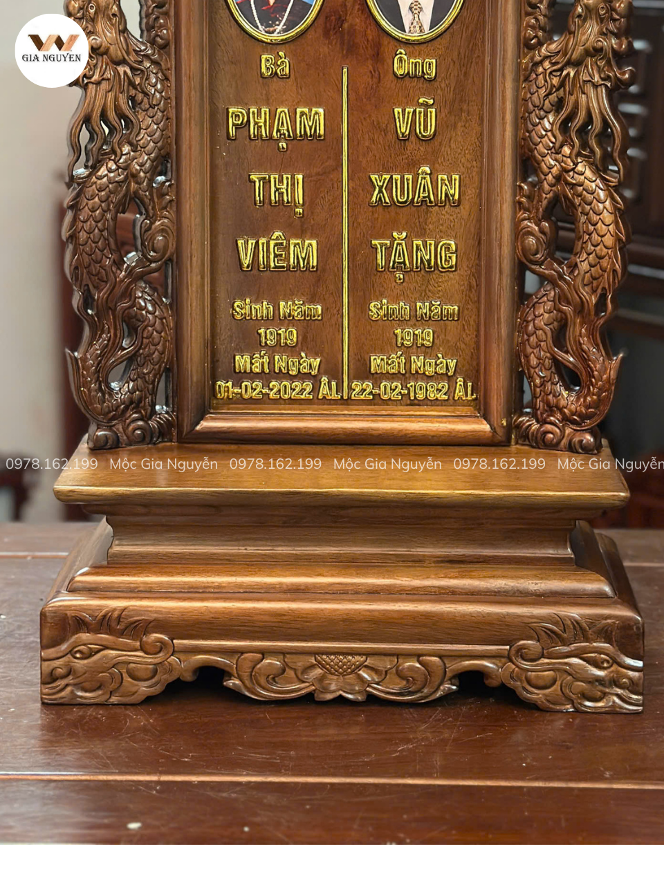 Bài Vị Song Long Gỗ Hương Gắn Ảnh Màu Óc Chó Cao 48cm BA38 - Ảnh 5