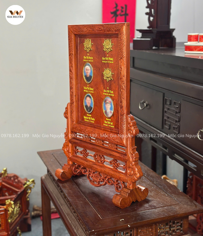 Bài Vị Thế Hệ Chữ Thọ Gỗ Hương Đá Gắn Ảnh Màu Cánh Gián 60x40cm BA48