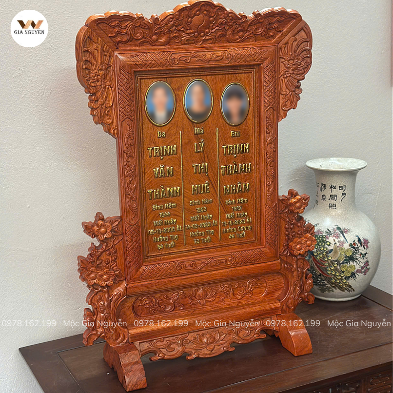 Bài Vị Hoa Mai Cho 3 Người Gỗ Hương Đá Màu Hương BA29