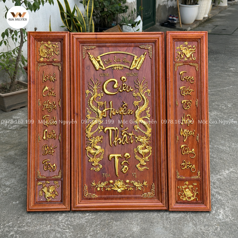 Tranh Cửu Huyền Thất Tổ Gỗ Hương Đá 108x108cm