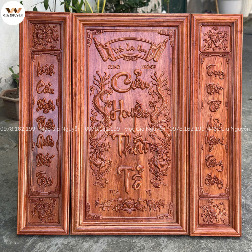 Tranh Cửu Huyền Thất Tổ Gỗ Hương Đá 108x108cm