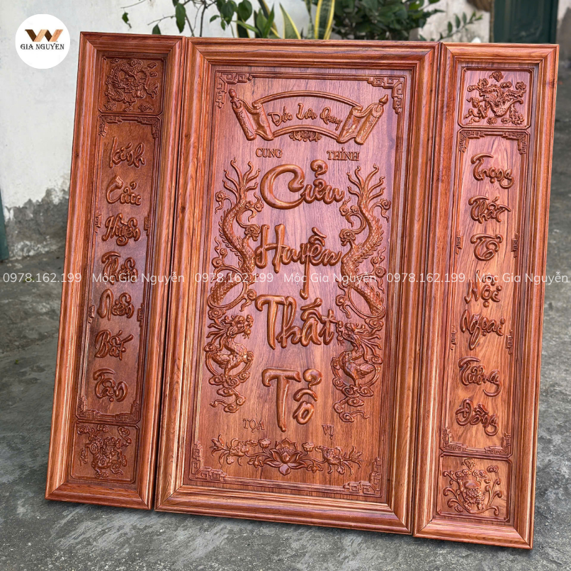 Tranh Cửu Huyền Thất Tổ Gỗ Hương Đá 108x108cm