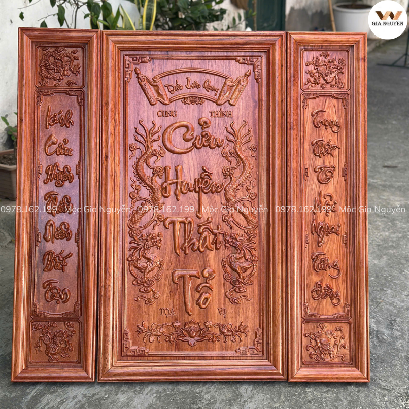Tranh Cửu Huyền Thất Tổ Gỗ Hương Đá 108x108cm