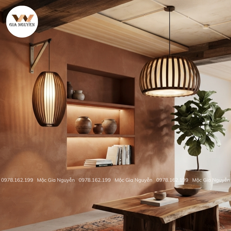 Đèn lồng gỗ phối với bàn ghế và cửa gỗ