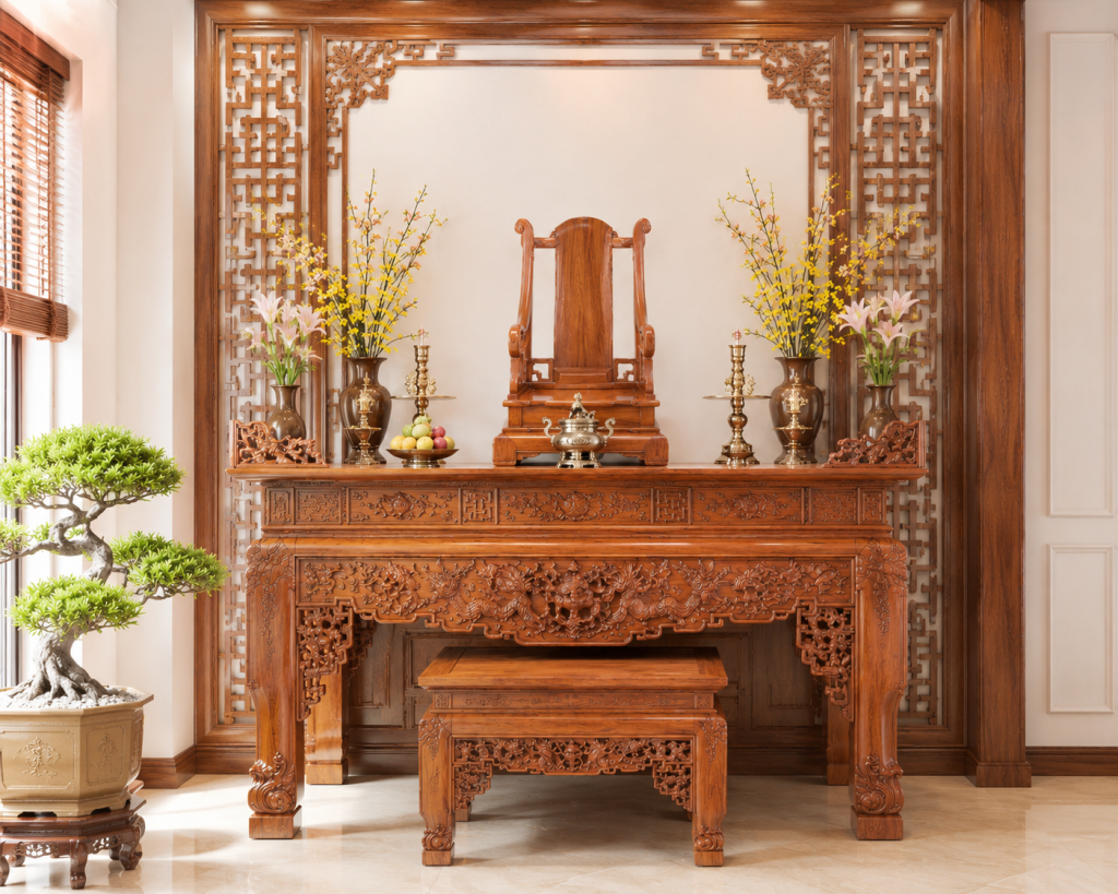 Ngai thờ trơn trên bàn thờ nhiều hoa văn