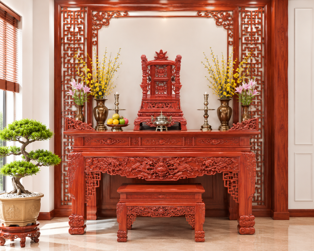 Ngai thờ cùng loại gỗ với bàn thờ