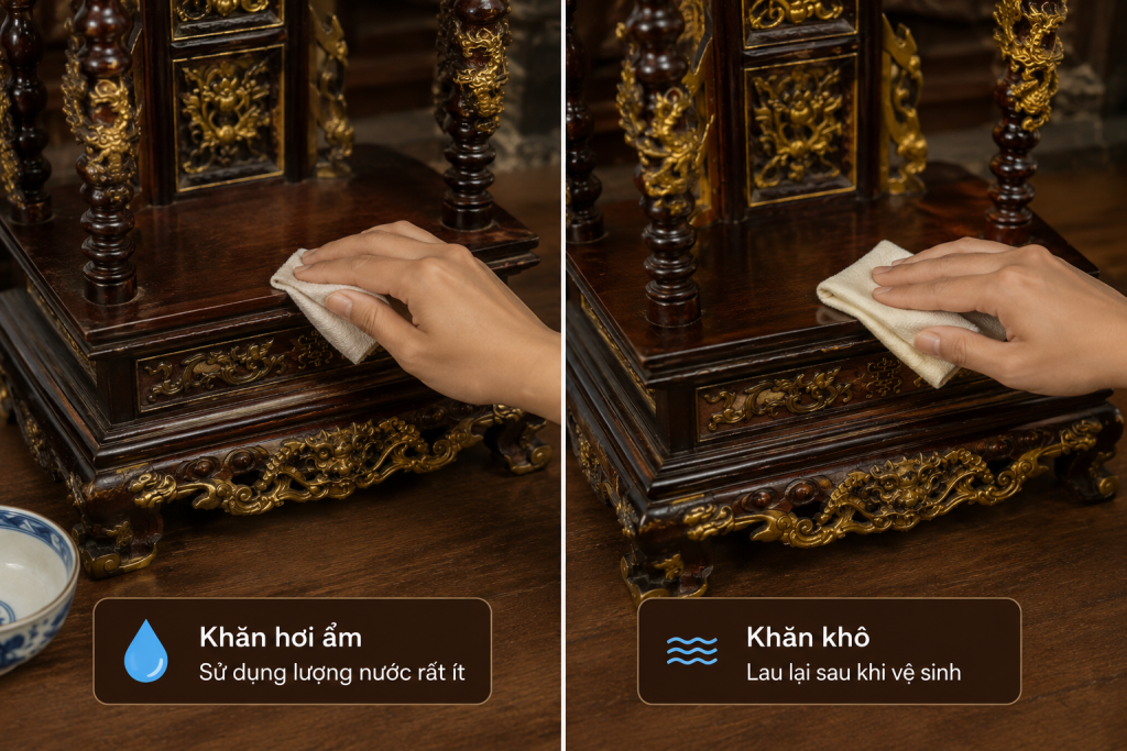 Cách dùng khăn hơi ẩm khi vệ sinh ngai thờ gỗ