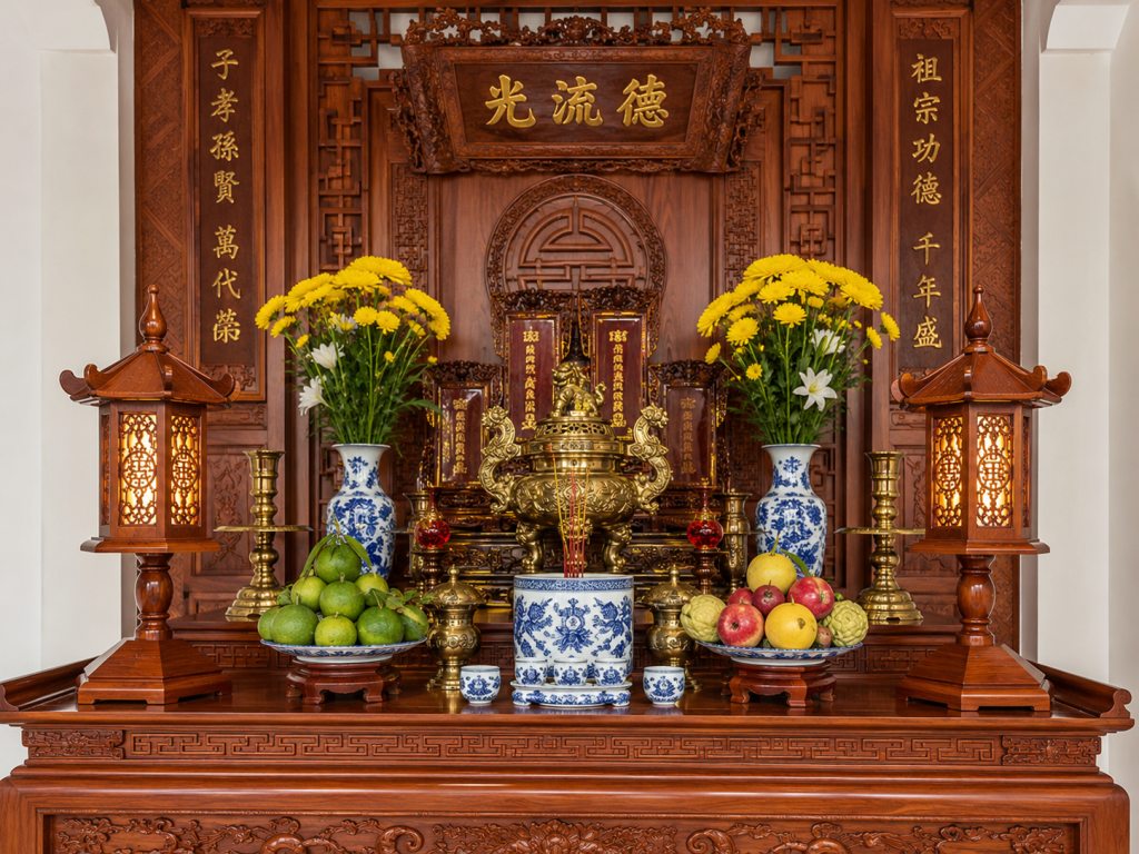 Đèn thờ gỗ đồng bộ với bàn thờ và nội thất phòng thờ