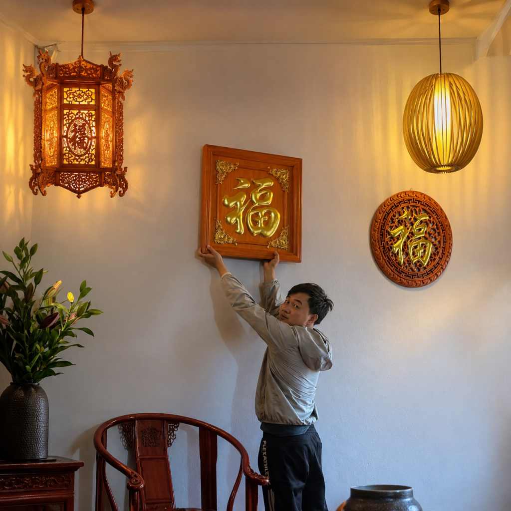 Đèn lồng gỗ và đèn thờ truyền thống trong không gian phòng thờ