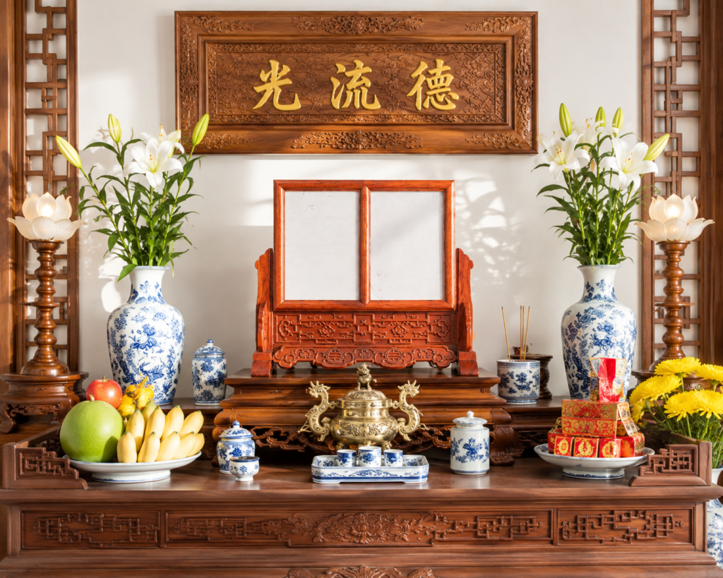 Khung ảnh thờ đặt trong không gian nhà thờ họ