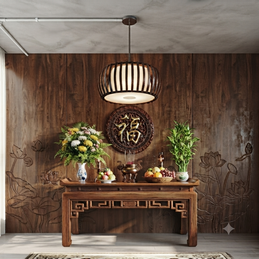 Vị trí treo đèn lồng gỗ phía trên bàn thờ gia tiên