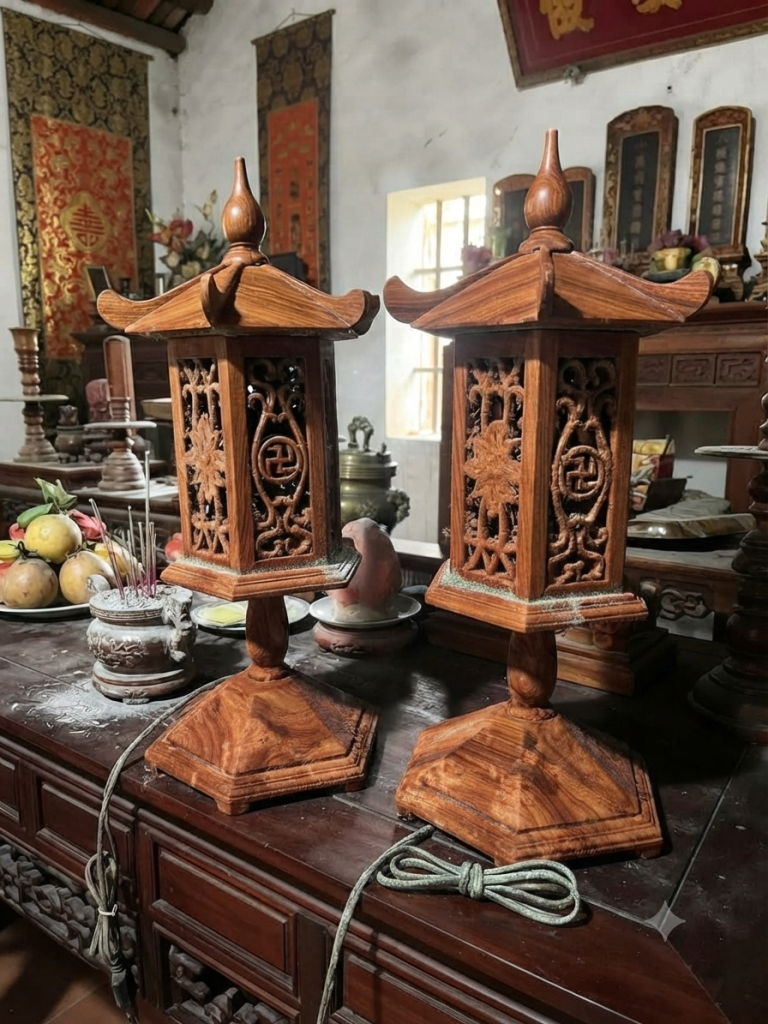Đèn thờ gỗ trong phòng thờ mùa nồm