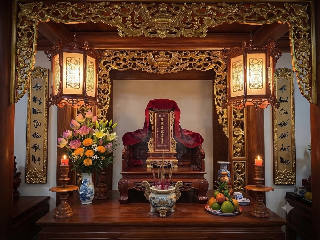 Đèn lồng gỗ chữ Thọ được treo cân đối trong phòng thờ