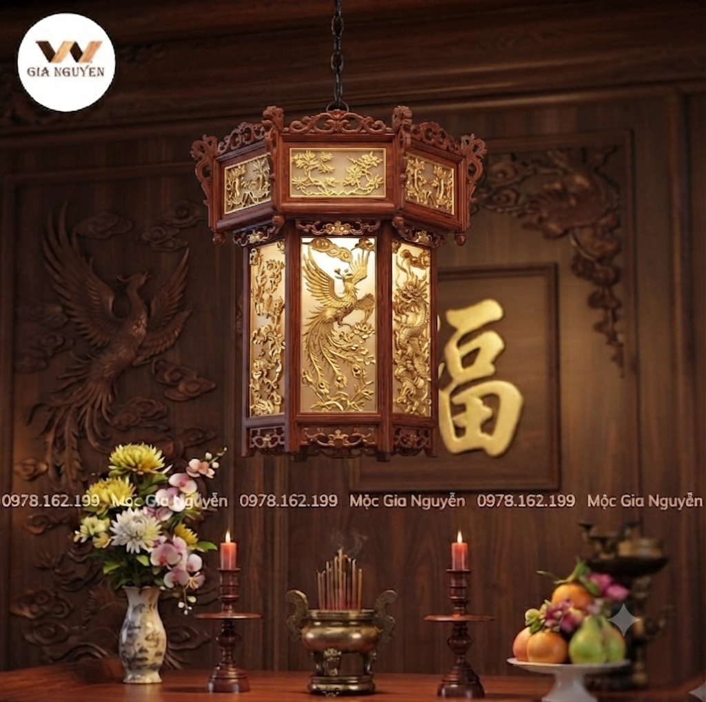 Đèn lồng gỗ Tứ Quý trong phòng thờ gia tiên