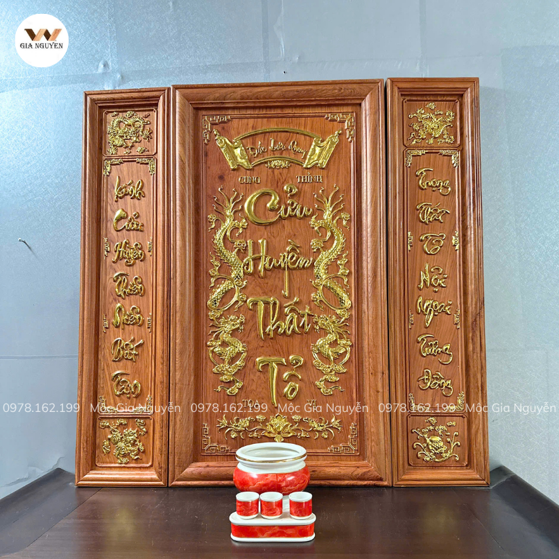 Tranh Cửu Huyền Thất Tổ đẹp gỗ hương dát vàng 108×108cm