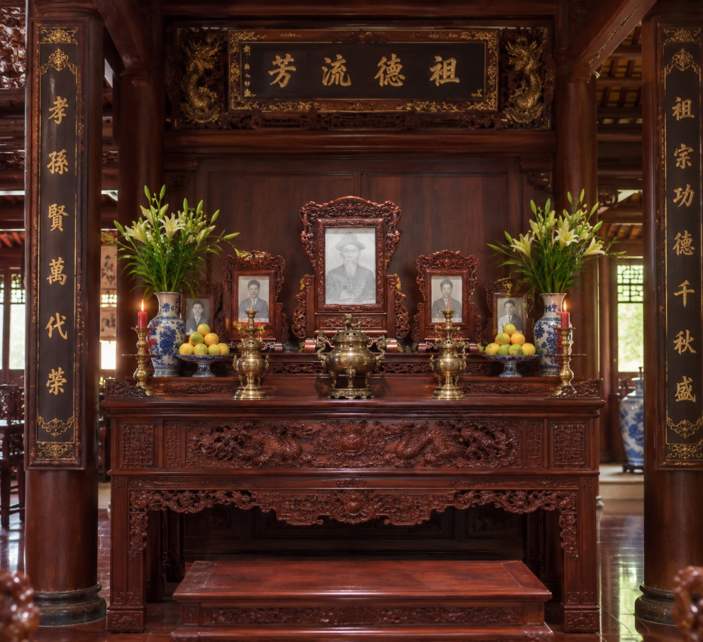 Bố trí khung ảnh thờ nhiều thế hệ trong nhà thờ họ